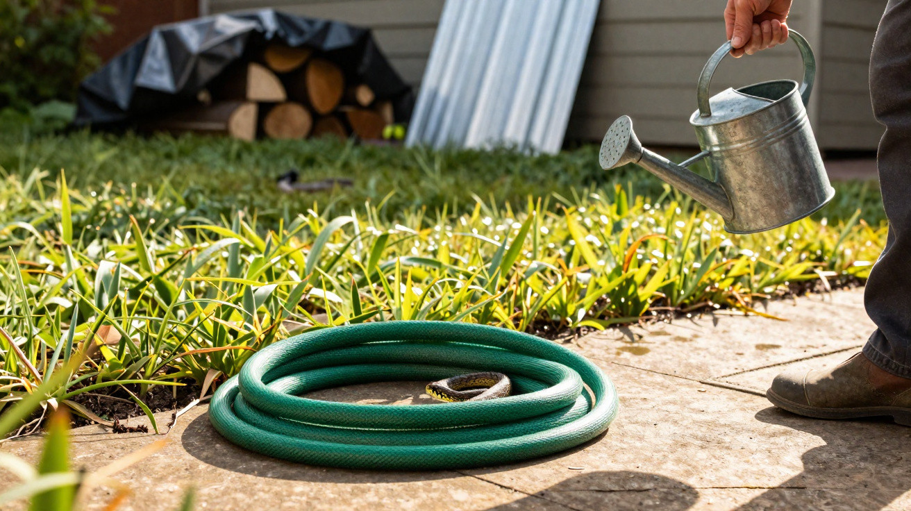 Garten mit gewickeltem grünen Gartenschlauch und Person, die eine Gieskanne über Pflanzen hält.