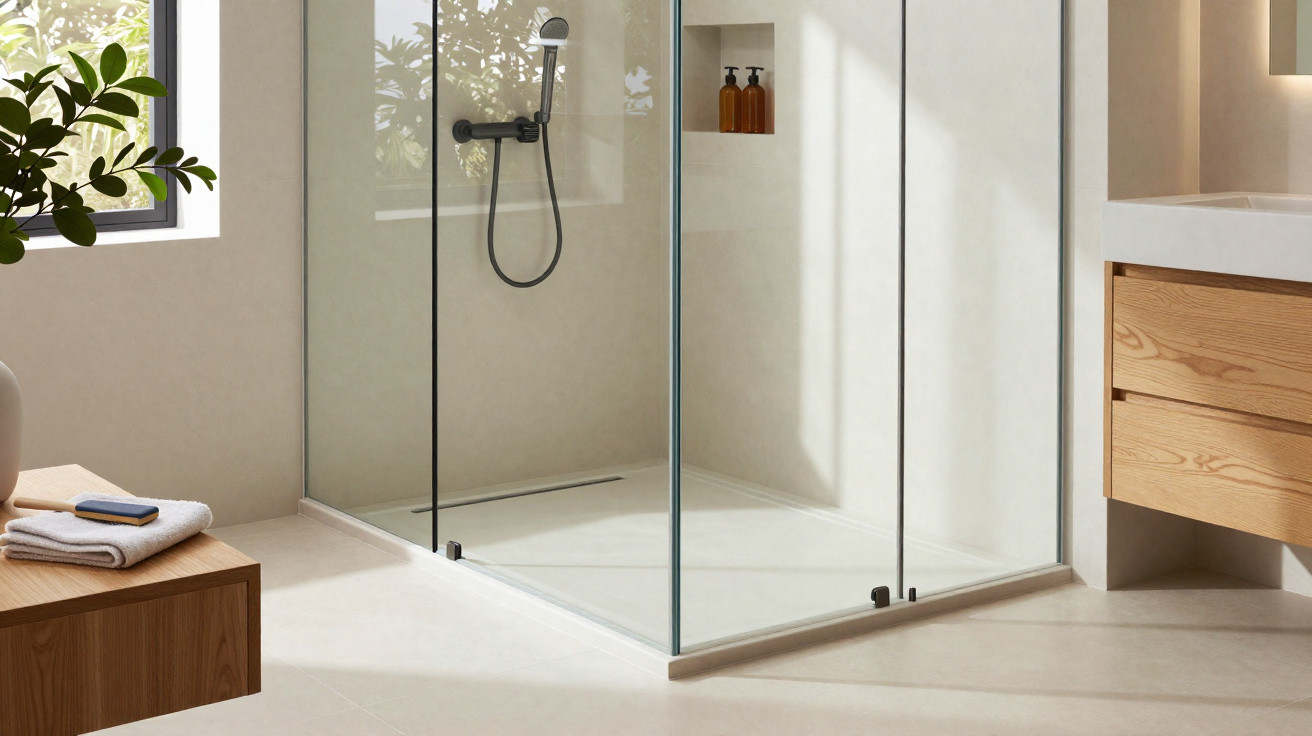 Helle, moderne Dusche mit Glasabtrennung, Holzmöbeln und Pflanzen in einem minimalistischen Badezimmer.