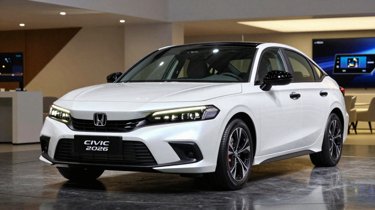 Weisser Honda Civic 2026 mit LED-Scheinwerfern in modernem Showroom auf glänzendem Boden.