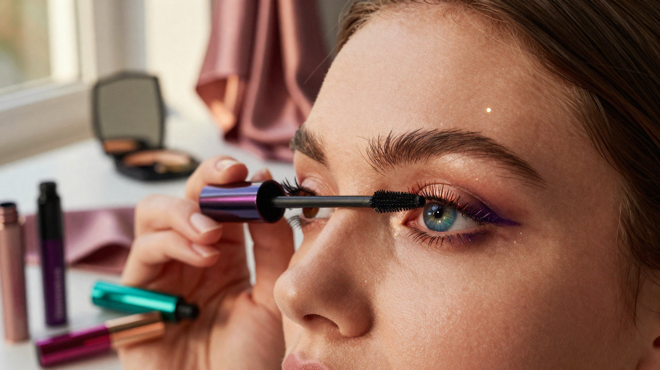 Frau trägt violetten Eyeliner und Mascara auf, Nahaufnahme vom Auge mit blauen Iris und Schminkutensilien im Hintergrund.