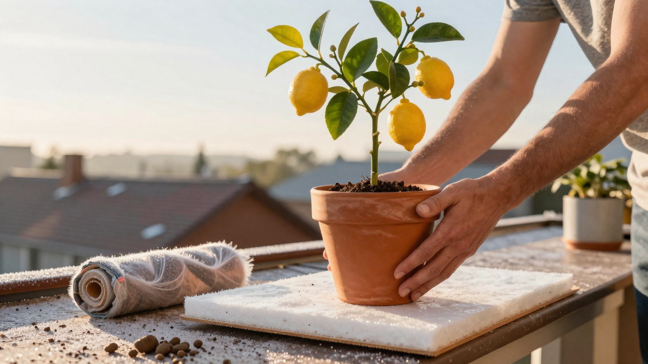 Person stellt Zitronenpflanze in Terrakottatopf auf Balkon bei Sonnenuntergang.