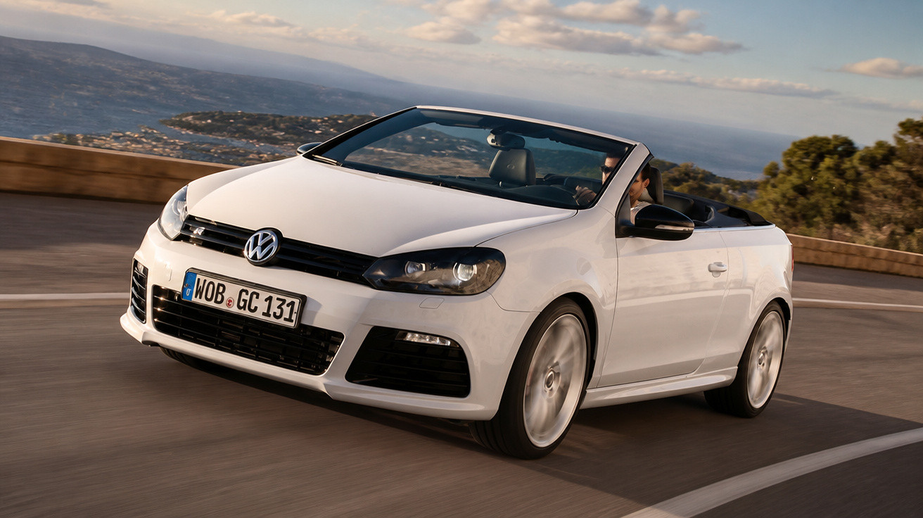 Weisser Volkswagen Cabriolet fährt auf einer kurvigen Küstenstrasse bei sonnigem Wetter.