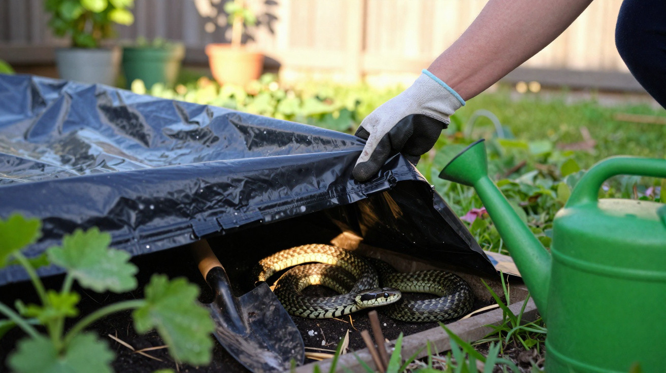 Hand mit Handschuh hebt Plastikfolie im Garten, darunter liegt eine Schlange neben Gartenwerkzeugen.
