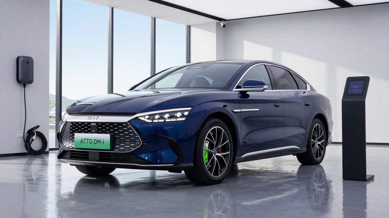 Blaues BYD Atto DM-i Elektroauto in modernem Showroom mit Ladestation und Displaystation.