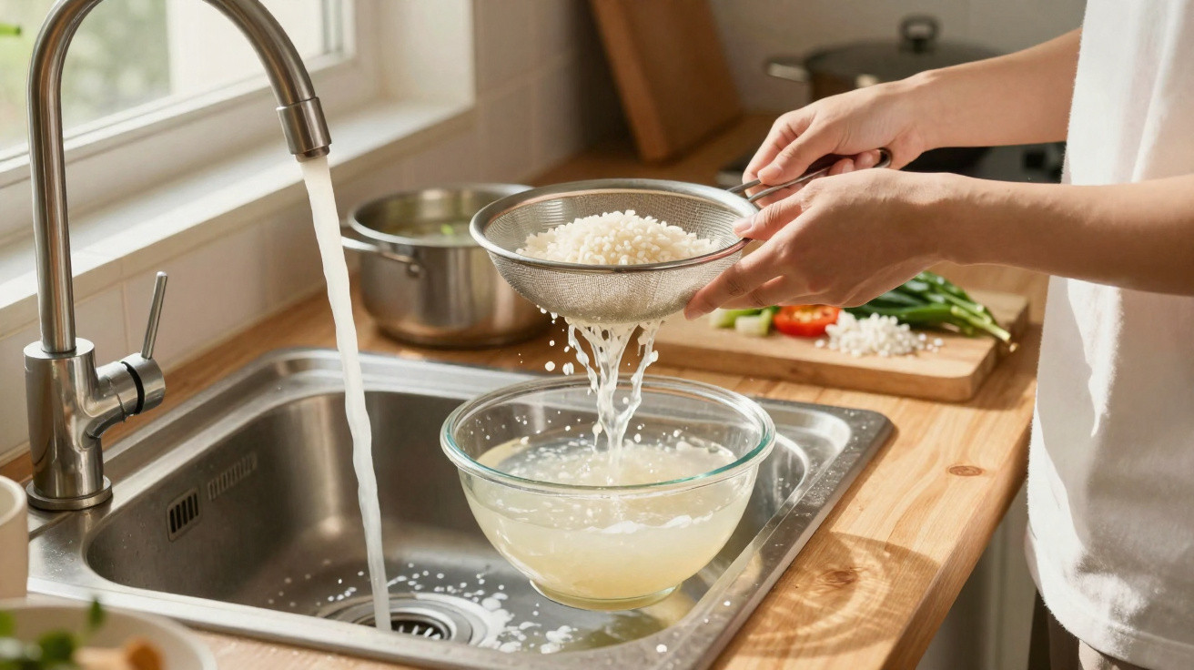 Person spült Perlgraupen in einem Küchenspülbecken mit einem Sieb unter fliessendem Wasser.