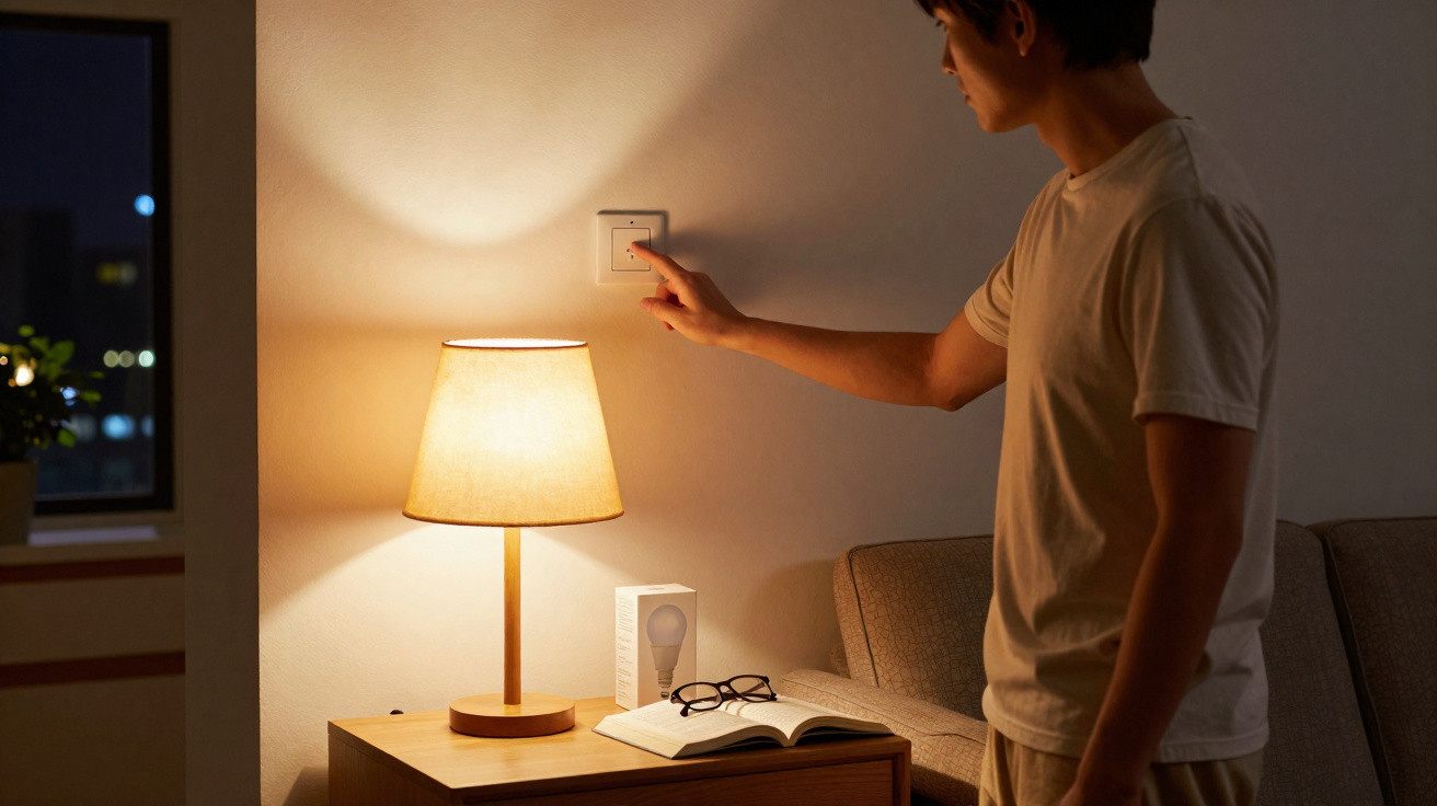 Person schaltet eine Lampe im Wohnzimmer an, nachts, neben Tisch mit Buch und Brille.
