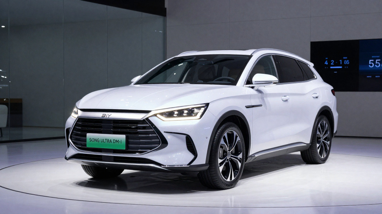 Weisser BYD Song Ultra DM-i SUV, frontal Seitenansicht, in modernem Innenraum auf Drehscheibe präsentiert.