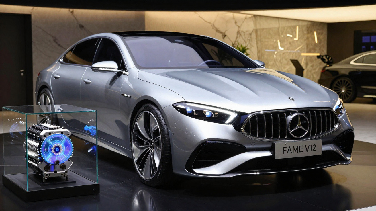Silberner Mercedes-Benz FAME V12 Elektro-Sportwagen neben leuchtendem Motorblock im Showroom.