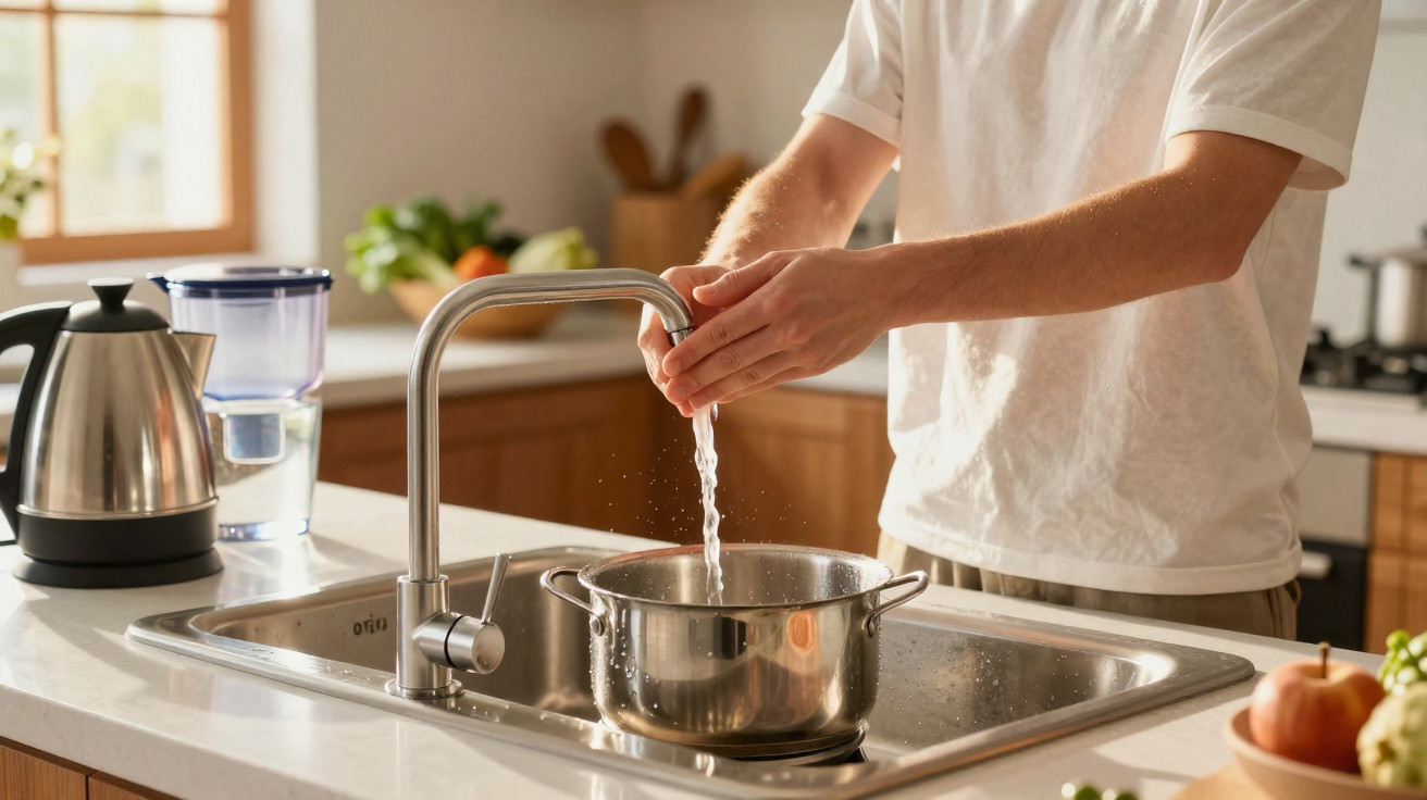 Person füllt in moderner Küche einen Topf am Spülbecken mit fliessendem Wasser aus Wasserhahn.