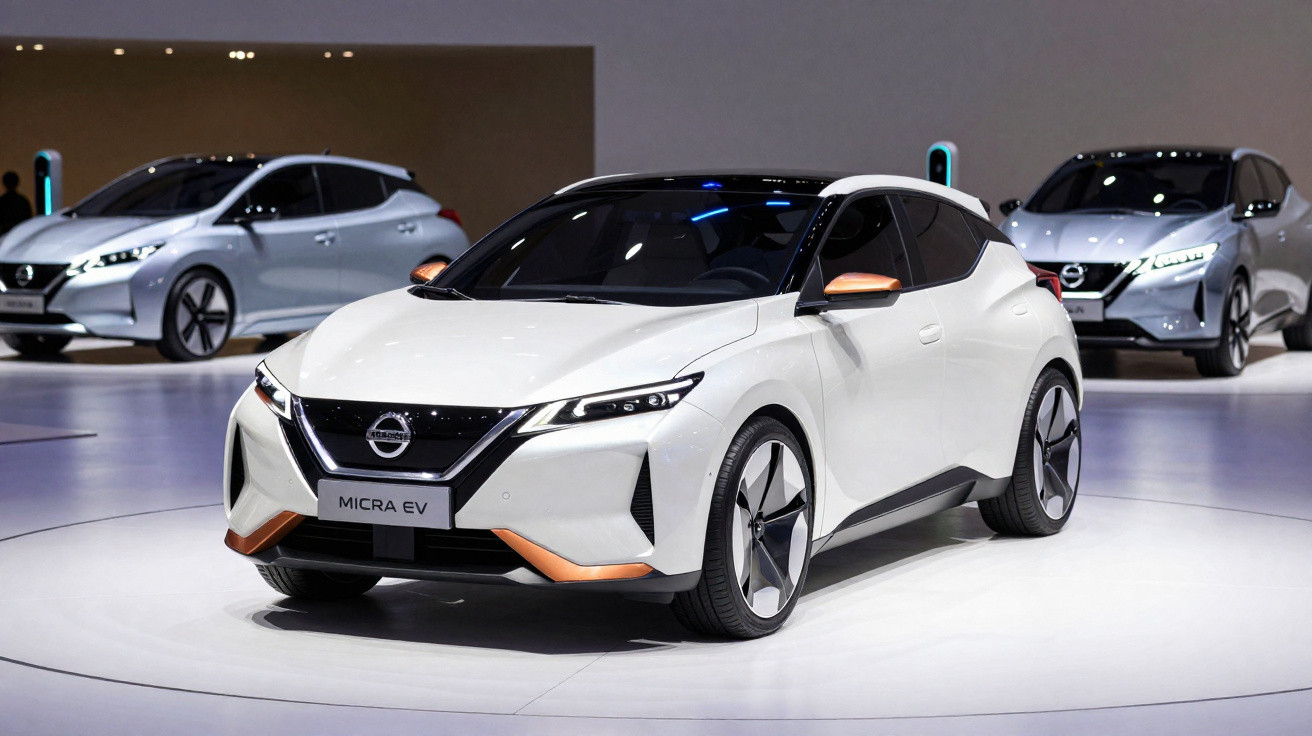 Weisser Nissan Micra EV Elektroauto auf Messe mit zwei weiteren Nissan Elektroautos im Hintergrund.