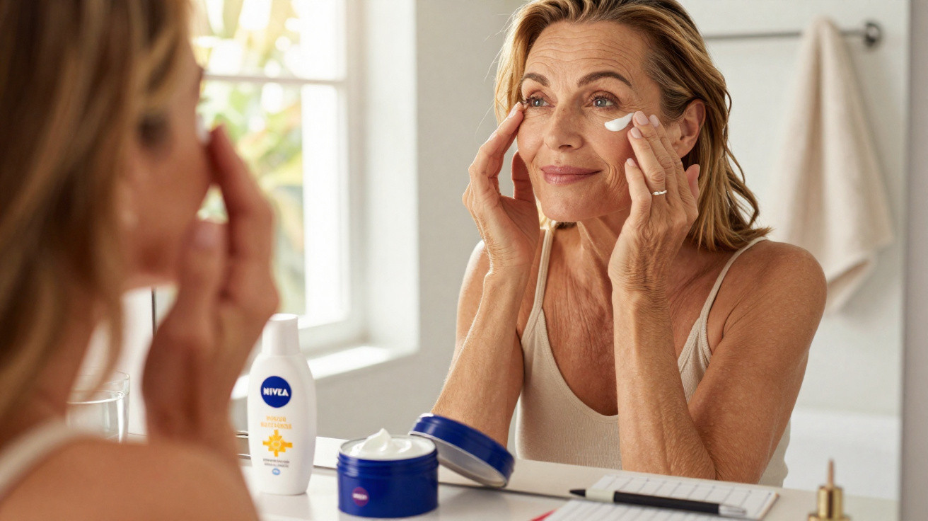 Frau trägt Gesichtscreme auf, sitzt vor Spiegel in hellen Badezimmer mit Nivea-Produkten auf Tisch.