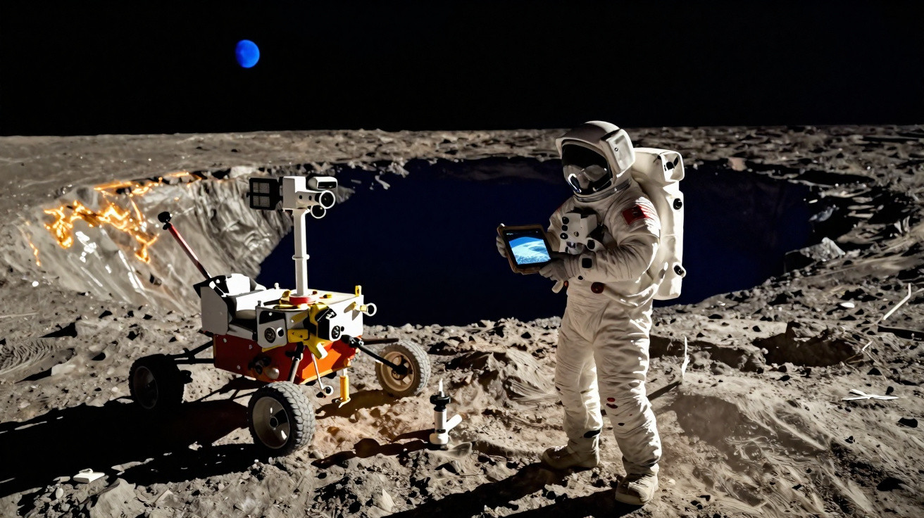 Astronaut mit Tablet steht neben Rover auf mondähnlicher Oberfläche, Erde im Hintergrund sichtbar.