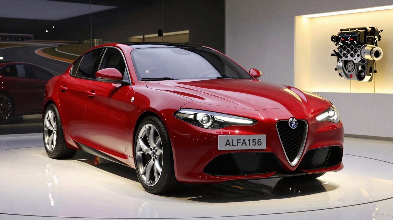 Roter Alfa Romeo Alfa 156 Sportwagen in Ausstellung mit sichtbar montiertem Motor im Hintergrund.