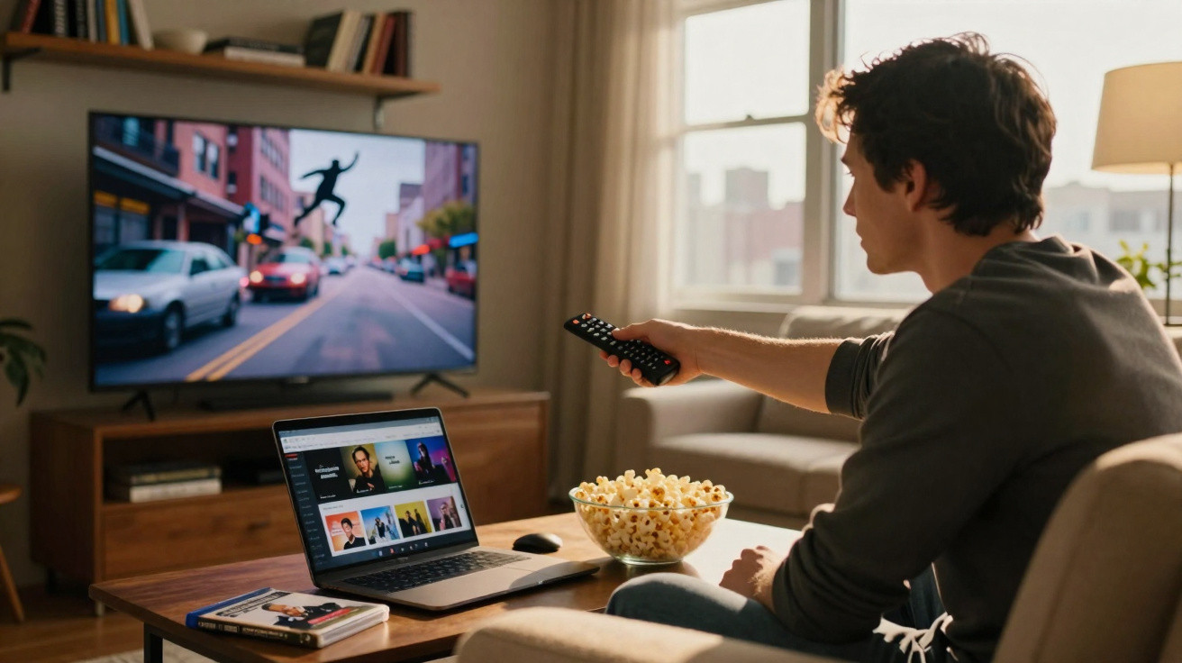 Mann sitzt im Wohnzimmer, hält TV-Fernbedienung, Laptop und Popcorn auf dem Tisch, sieht fern.