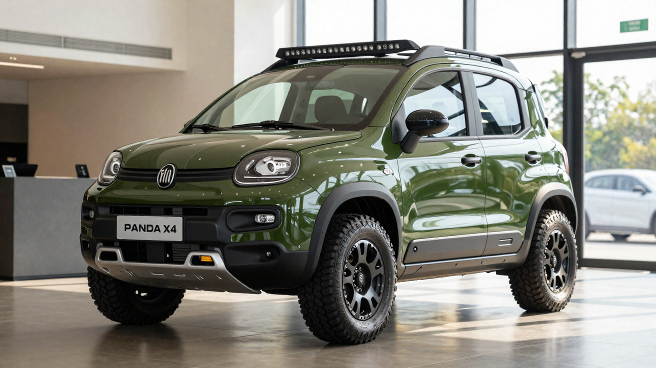 Grüner Fiat Panda X4 mit Geländereifen und LED-Dachlichtbar in modernem Showroom.