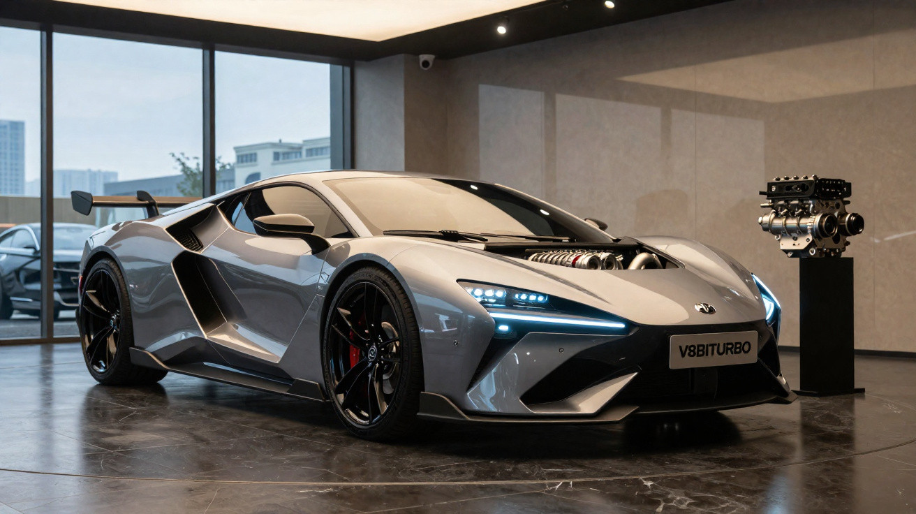Sportlicher grauer V8-Turbosportwagen mit Motorhaube offen im modernen Showroom mit Motor auf Sockel.