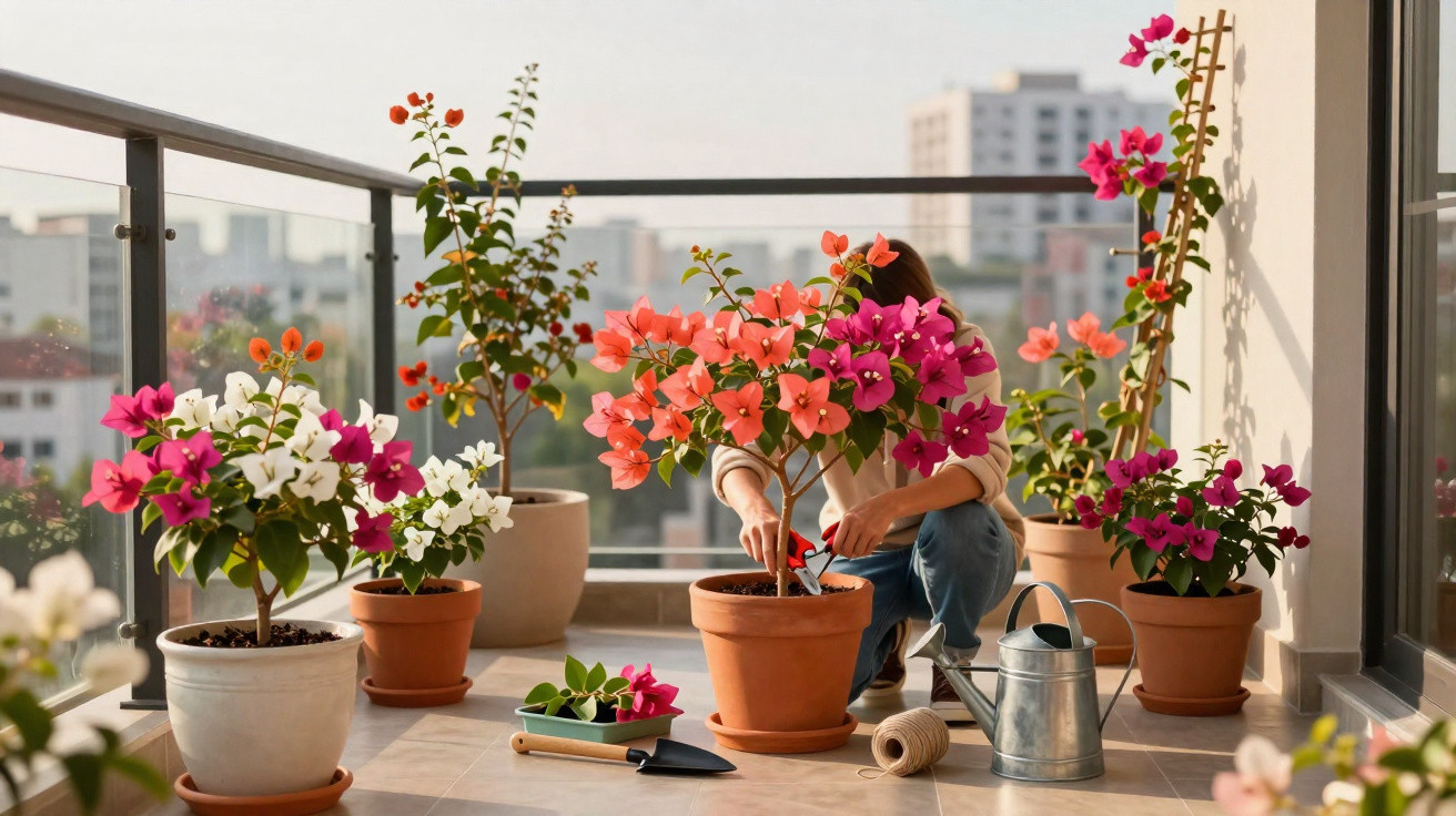 Person pflegt bunte Blumentöpfe auf einem Balkon mit Stadtblick am Tag.