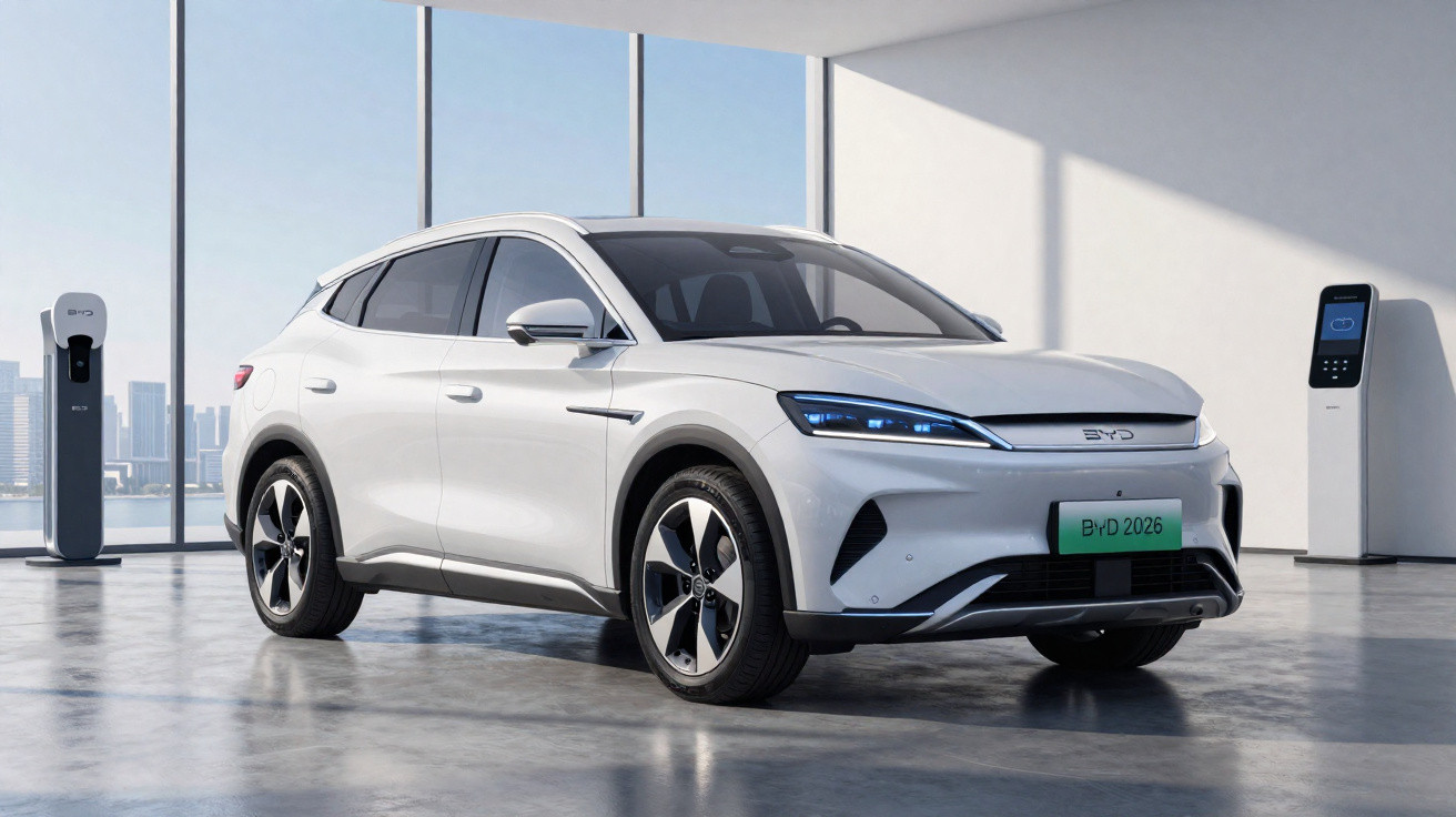 Weisses BYD Elektroauto in einem hellen Raum, neben zwei Ladestationen, modernes Design, 2026 Modell.
