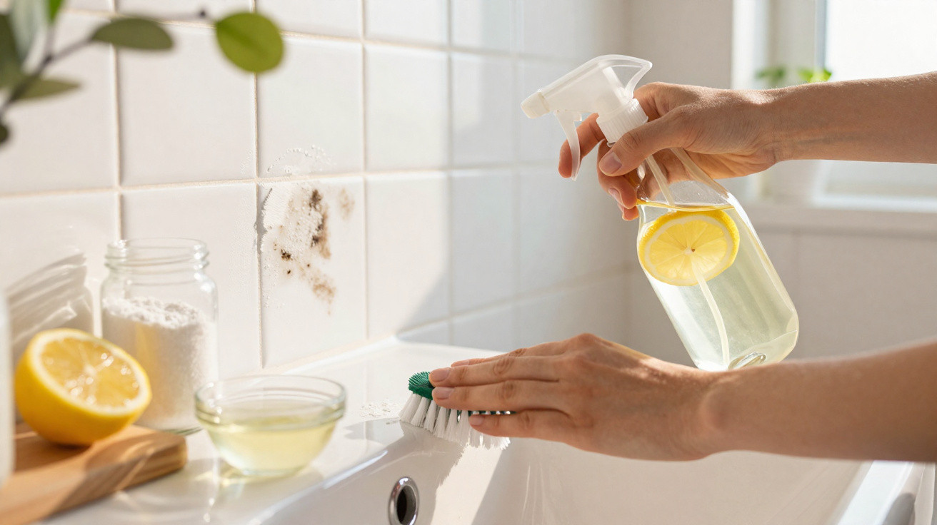 Person reinigt Schmutz an weissen Badezimmerfliesen mit Bürste und Sprühflasche Zitrone-Wasser.