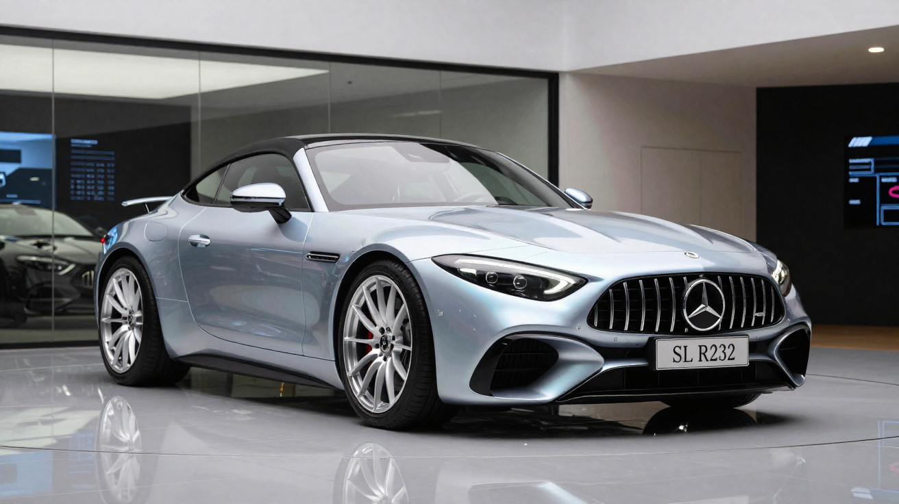 Silberner Mercedes-Benz Roadster mit schwarzem Verdeck in modernem Showroom, reflektierender Boden.