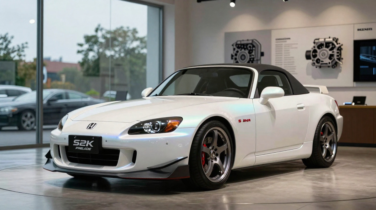Weisser Honda S2000 Sportwagen mit schwarzem Verdeck in moderner Ausstellungshalle.
