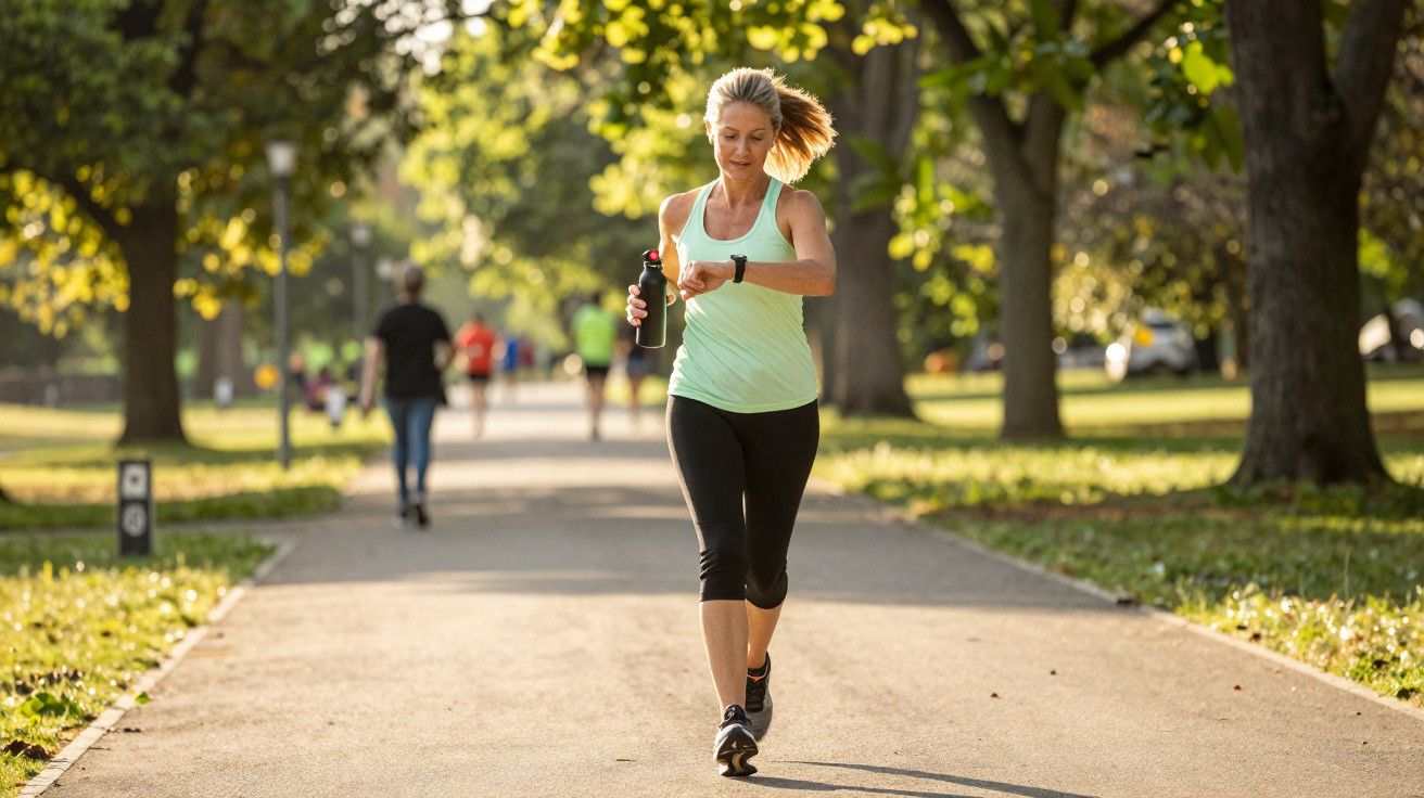 Frau joggt im Park, trägt Sportkleidung, hält Wasserflasche, schaut auf Fitnessuhr, sonniger Tag im Grünen.