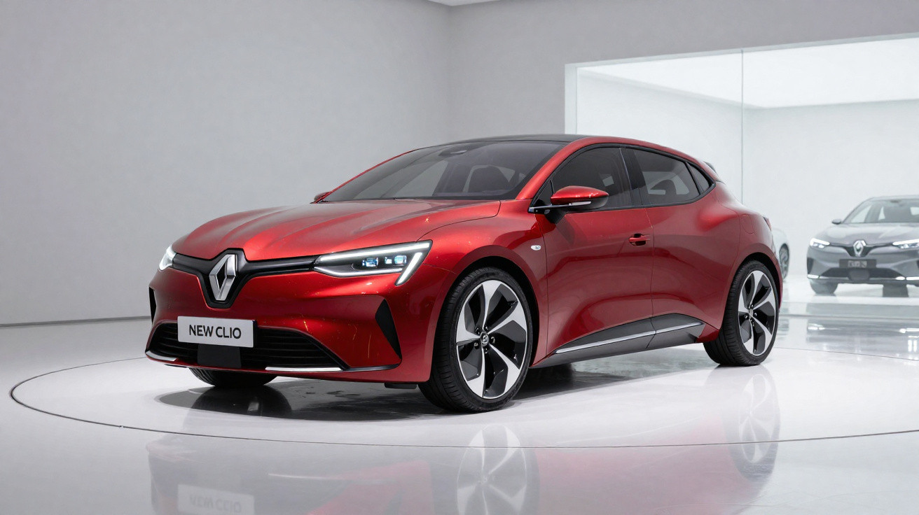 Roter Renault New Clio steht in modernem, hellen Ausstellungsraum auf Drehscheibe, seitliche Frontansicht.