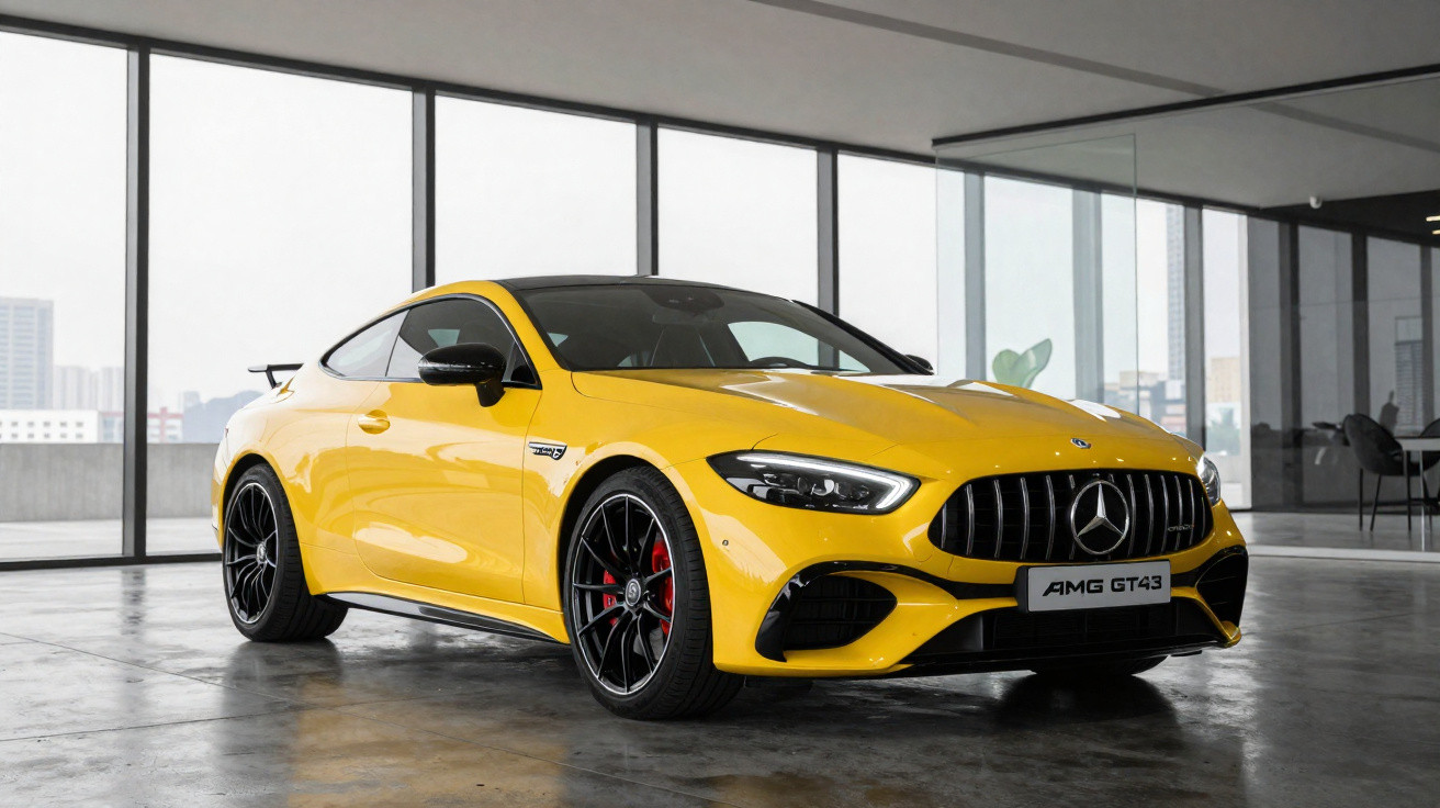 Gelber Mercedes AMG GT 43 Sportwagen in modernem, hellem Showroom mit grossen Fenstern.
