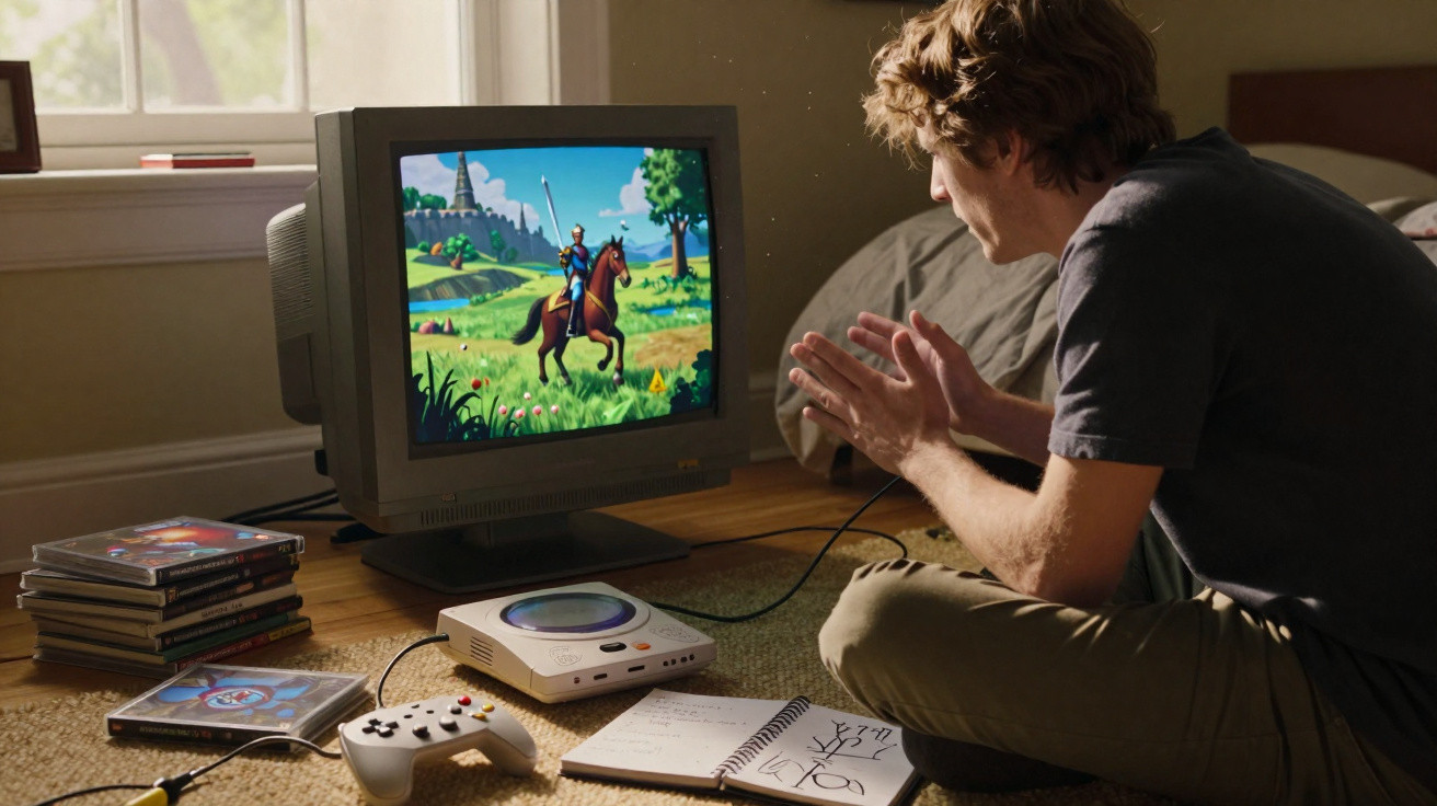 Junger Mann spielt Videospiel auf altem Röhrenmonitor mit Retro-Controller und Spielkonsole neben Notizbuch.