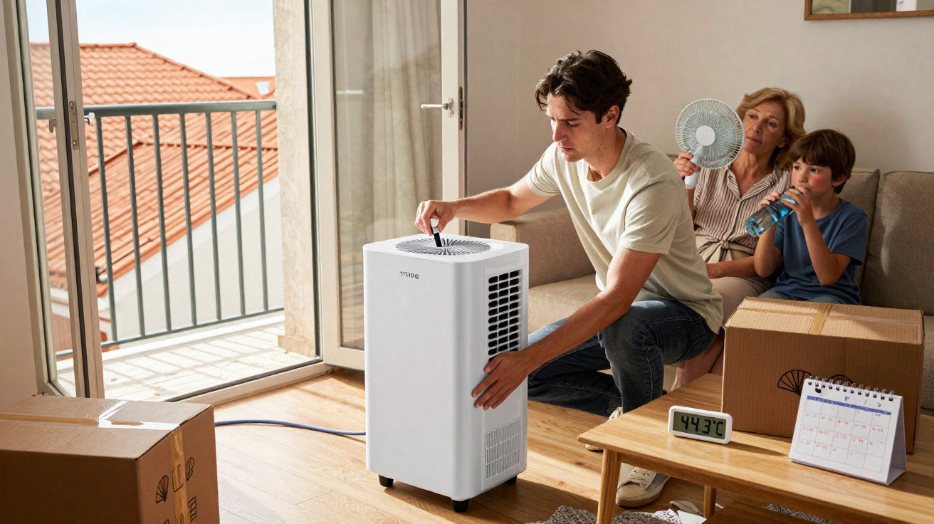 Junger Mann bedient mobile Klimaanlage, ältere Frau mit Ventilator und Junge trinken Wasser im Wohnzimmer.