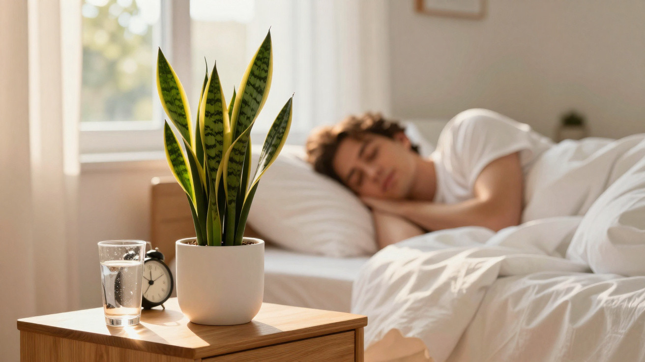 Grüne Zimmerpflanze, Glas Wasser und Wecker auf Nachttisch, im Hintergrund schlafende Person im Bett.