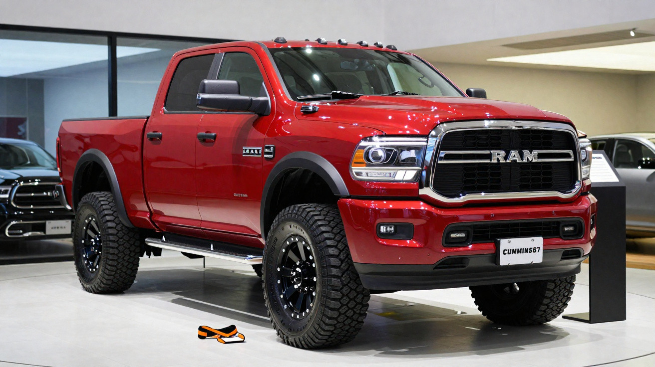Roter RAM Pick-up-Truck mit schwarzen Offroad-Reifen in einer modernen Ausstellungshalle.