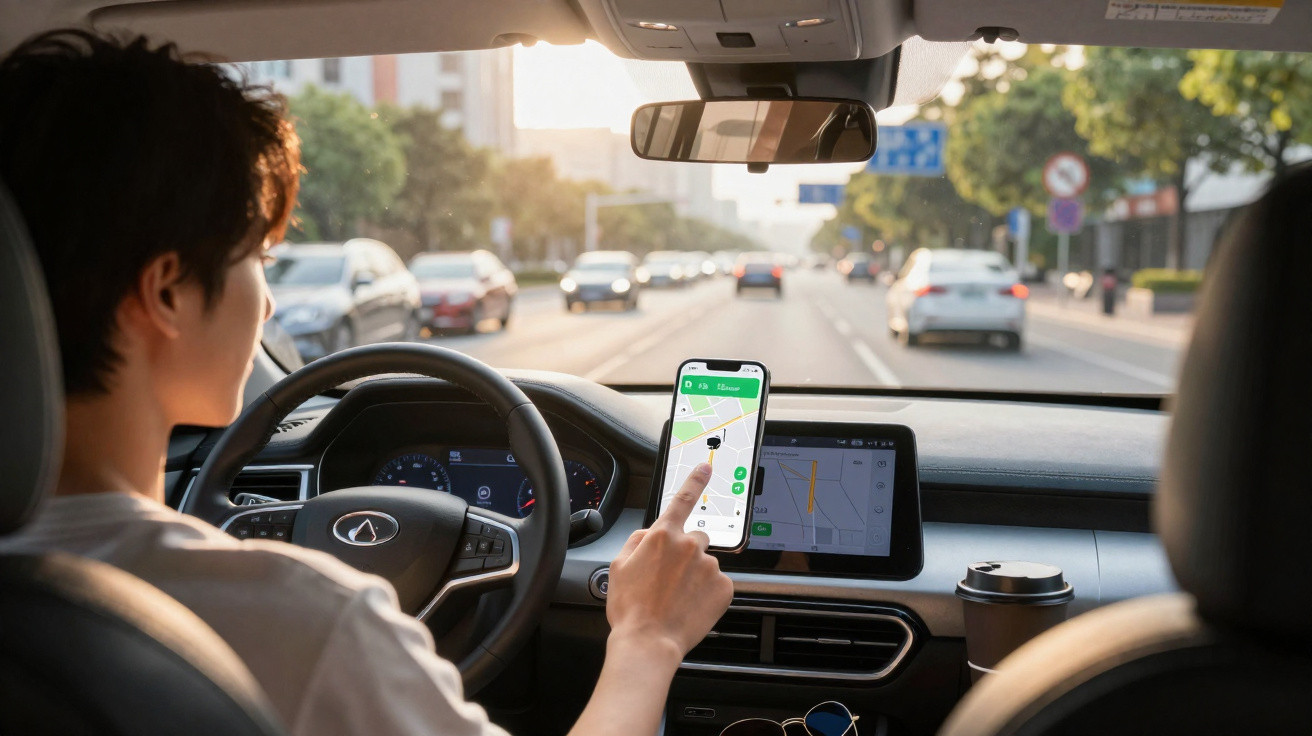 Person sitzt am Steuer und benutzt ein Smartphone mit Navigations-App während der Autofahrt in der Stadt.