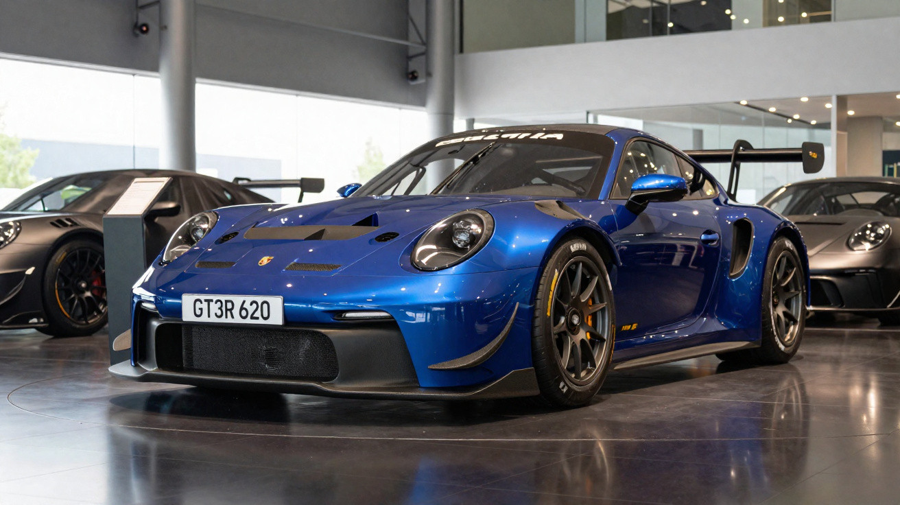 Blauer Porsche Rennwagen mit Heckspoiler in moderner Ausstellungshalle, umgeben von weiteren Sportwagen.