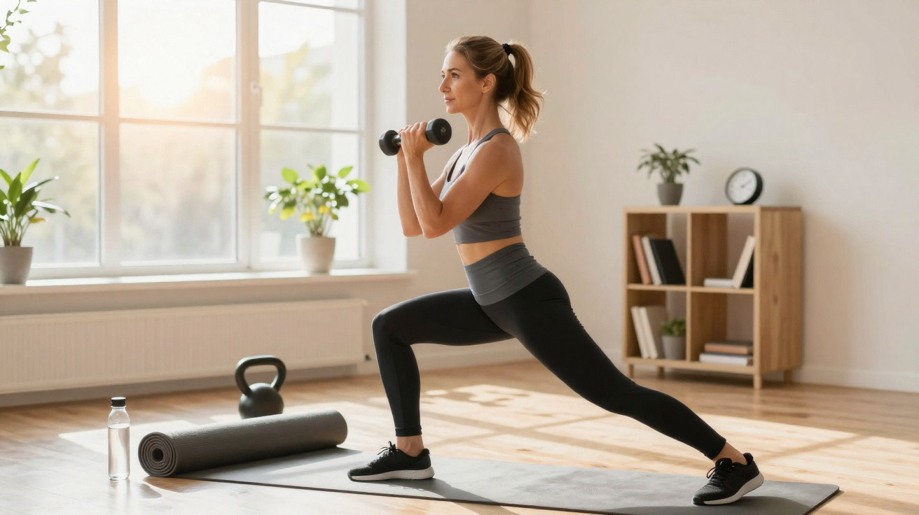 Frau macht Ausfallschritt mit Kurzhanteln auf Yogamatte in hellem Wohnzimmer.